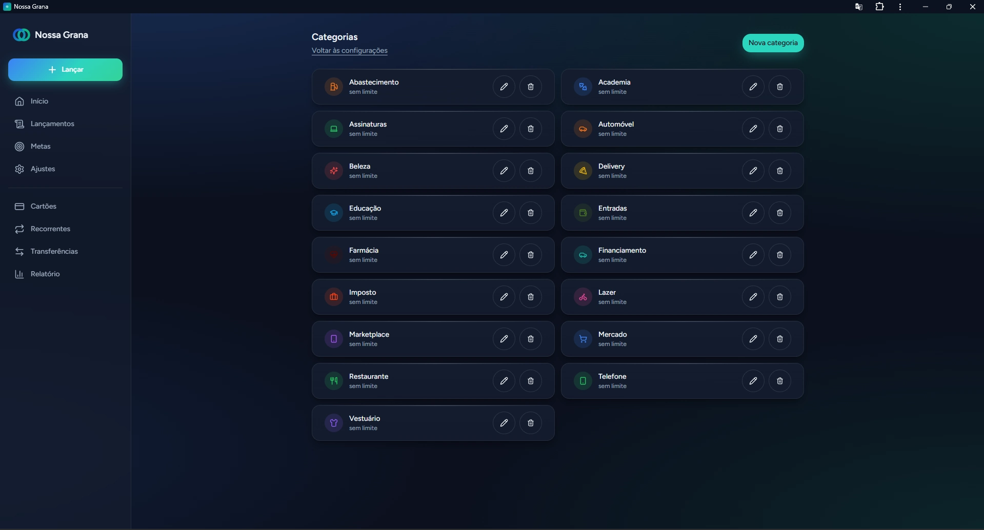 Categorias personalizadas com cores e ícones